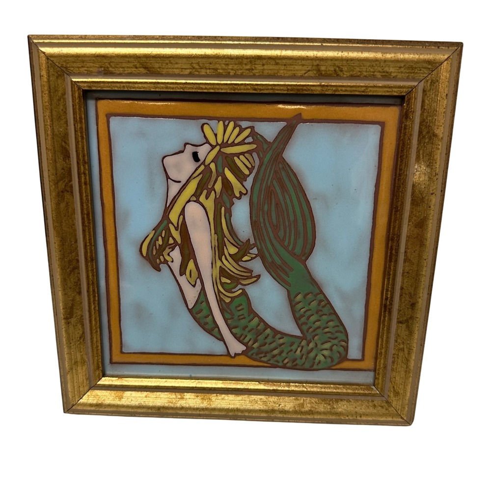 Framed Ceramic Mermaid Art Tile Gold Wood Frame Nautical Coastal Wall Decor 7.5"